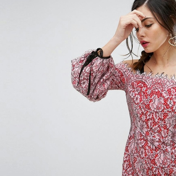 ASOS extreme sleeve Bardot pencil lace midi dress with contrast trims - Picture 3 of 9